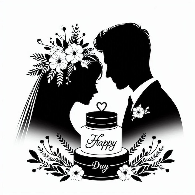 Silhouette Art simple happy marriage front face Contour Drawing white black white background