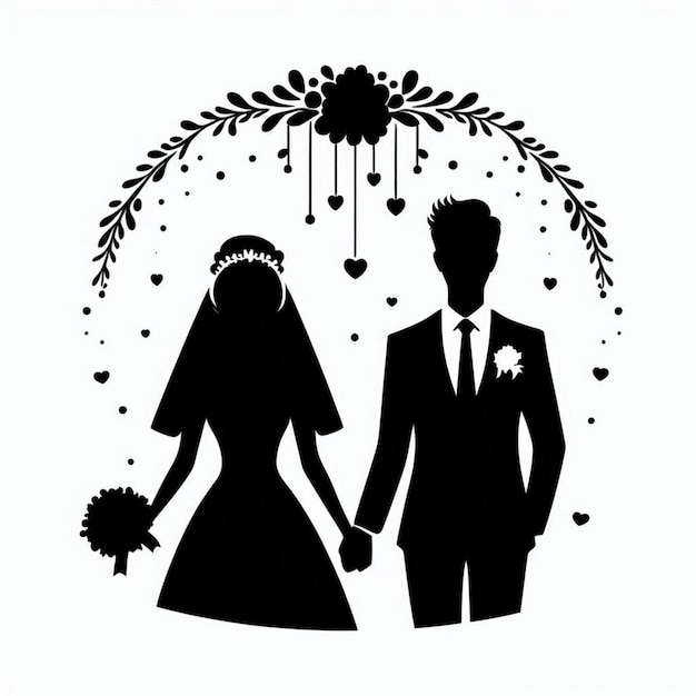 Vector silhouette art simple happy marriage front face contour drawing white black white background