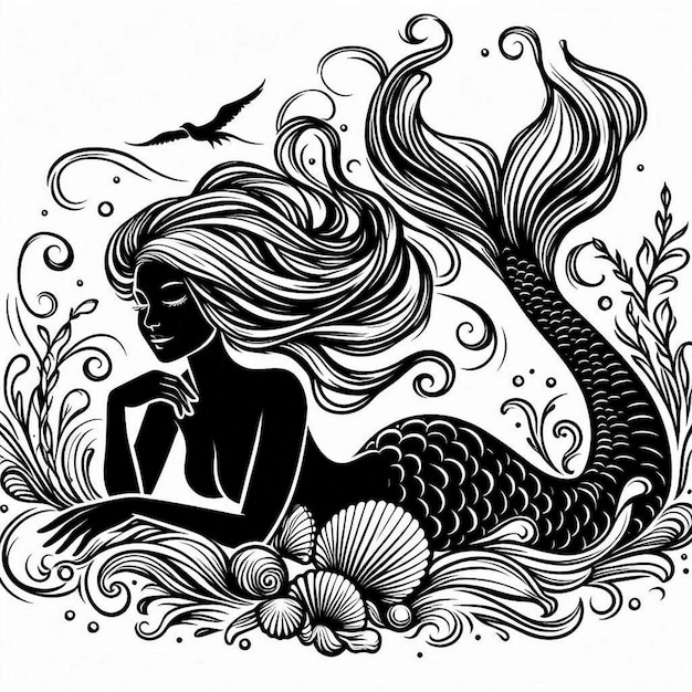 Vector silhouette art simple mermaid silhouette contour drawing white black white background