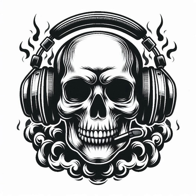 Silhouette Art Skull in head phones Vector illustration Contour Drawing logo black and white