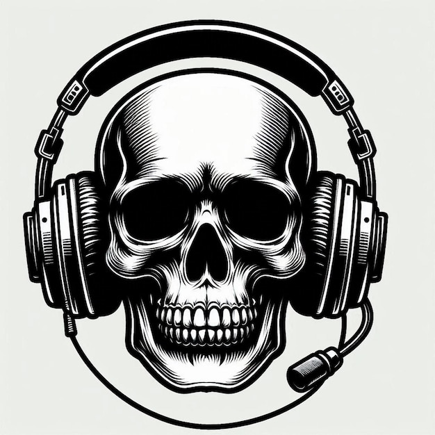 Vector silhouette art skull in head phones vector illustration contour drawing logo black and white