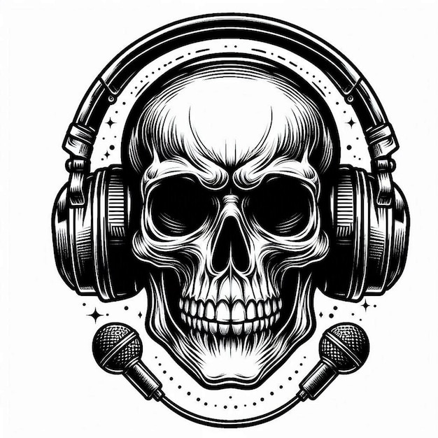 Vector silhouette art skull in head phones vector illustration contour drawing logo black and white