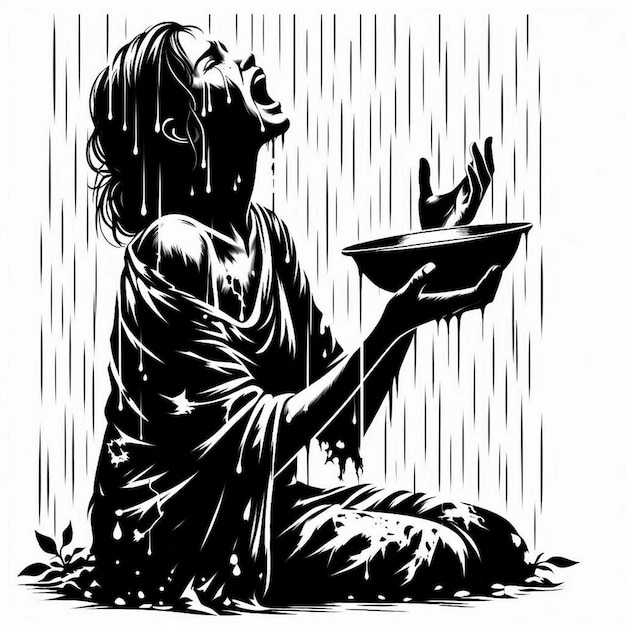 Vector silhouette art of a woman in a torn dirty cloth holding a plate in her hand and crying for food with