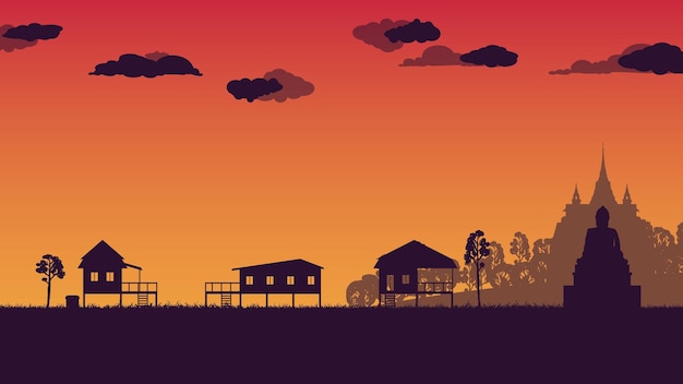 Silhouette of asian Traditional Thai houses on gradient background