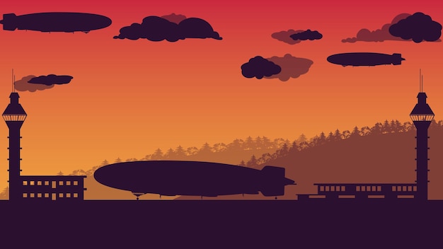 Silhouette of balloon airship and air traffic control tower on orange gradient background