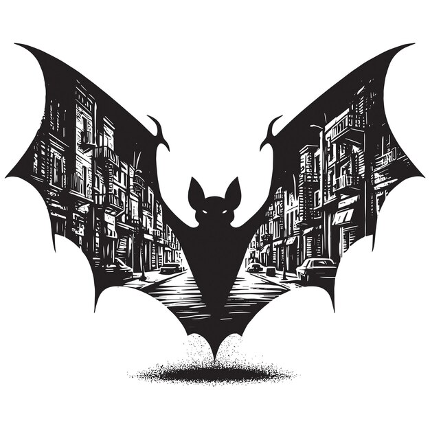 Vector silhouette of bat filled with ghetto street in rough drawing