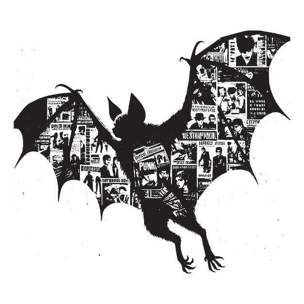 Vector silhouette of bat filled with vintage punks poster collage wall in rough drawing