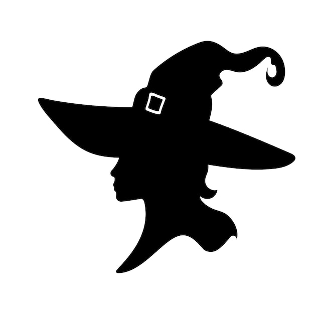 Silhouette of beautiful witch girl in hat in profile isolated vector illustration