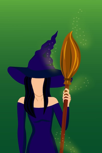 Silhouette of a beautiful witch girl with a broom