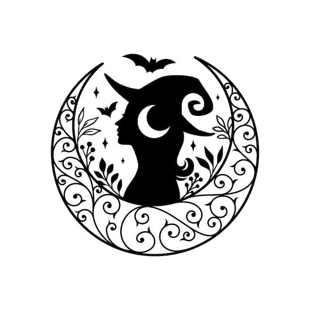 Silhouette of beautiful young witch with crescent moon decoration