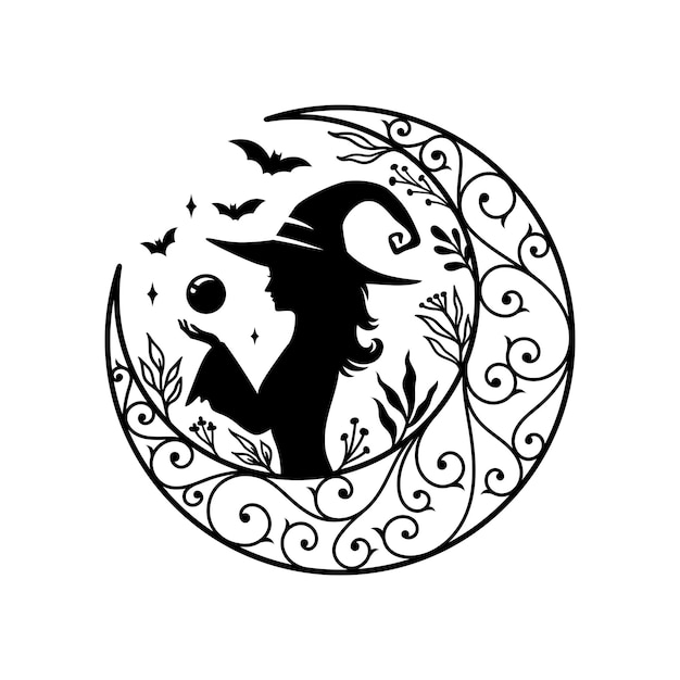 Silhouette of a beautiful young witch with crescent moon decoration