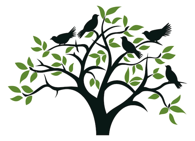 Silhouette of a birds flying to the tree wall art decor vector illustration