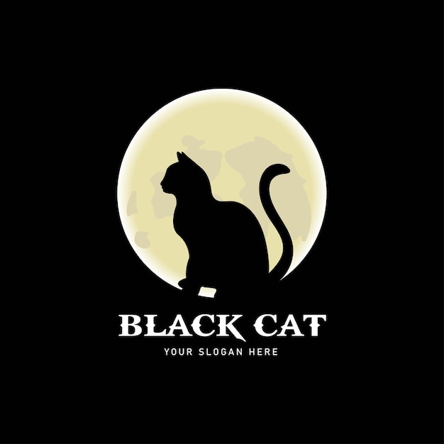 Silhouette of black cat and moon. Elegant seated side view of cat with head turned.