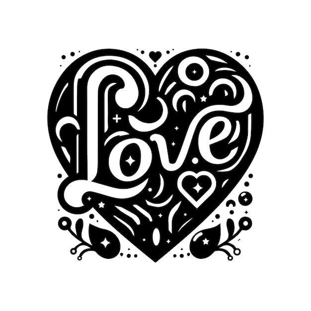 a silhouette black and white design with the word love in the center used for Tshirt design