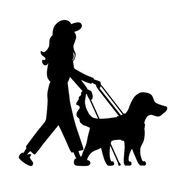 Silhouette blind woman with stick walks beside guide dog leads. Retriever and human isolated.