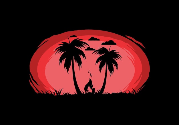 Silhouette of bonfire and coconut trees on the beach