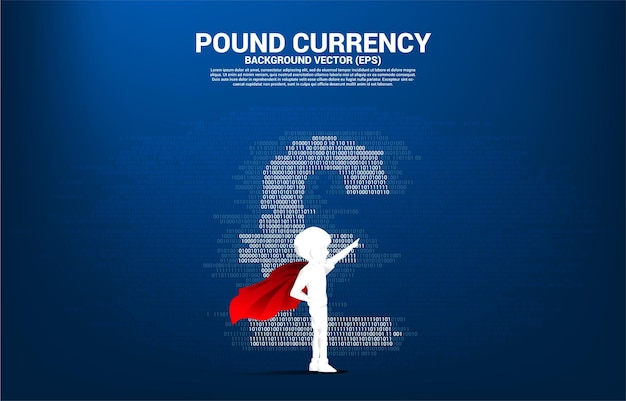 Silhouette of boy in superhero suit standing with pound sterling currency money with one and zero binary code digit matrix style Background Concept for electronic money and digital banking