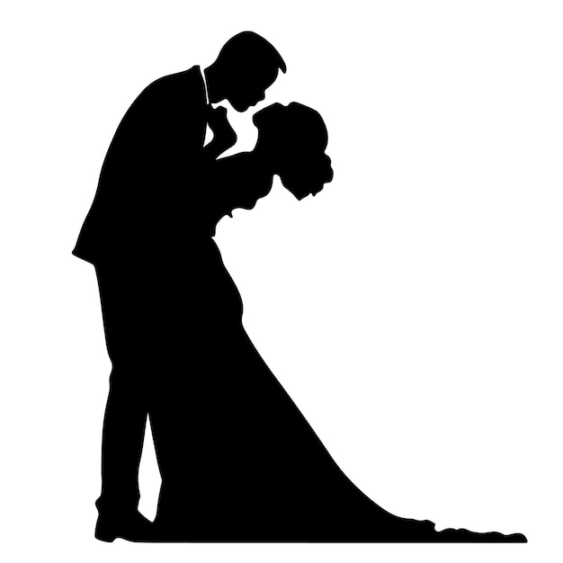 A silhouette of a bride and groom kissing