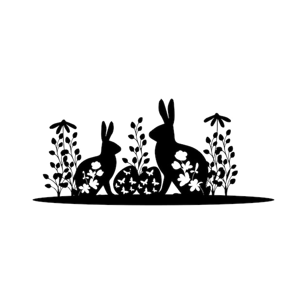 A silhouette of bunnies and flowers with the words easter on the bottom.