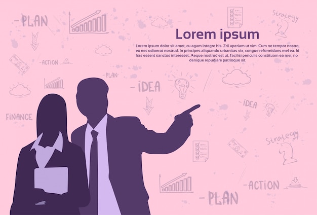 Silhouette Business Man And Woman Over Abstract Sketch elements On Pink Background With text template, Businessman Point Finger