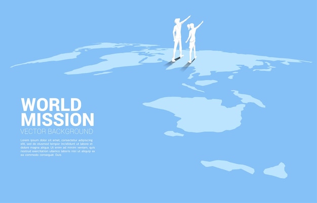 Silhouette of businessman and businesswoman point finger on world map Business Concept of world target mission