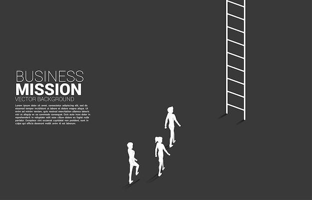 Silhouette of businessman and businesswoman walk to go up with ladder Concept of vision mission and goal of business