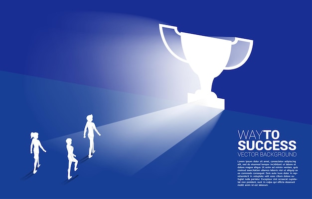 Silhouette businessman and businesswoman walking to light from exit door shape trophy Business Concept of route to winner and champion