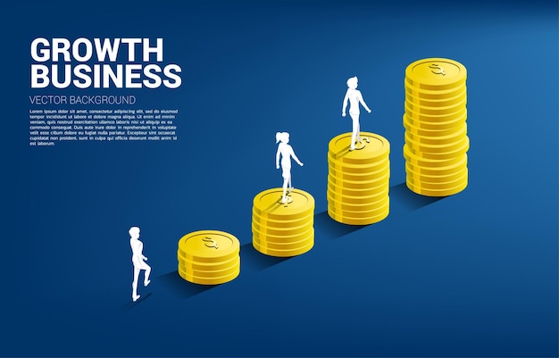 Silhouette of businessman and businesswoman walking to top of stack of coin Concept of success investment and growth in business