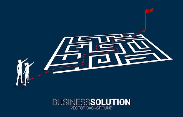 Silhouette of businessman and businesswoman with route path to exit the maze Business concept for problem solving and finding idea