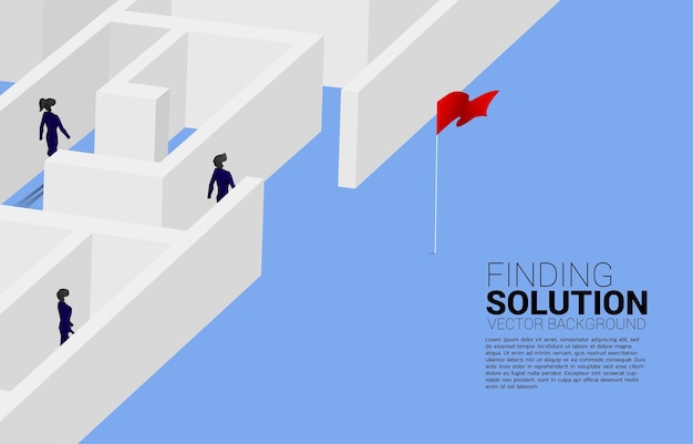 Silhouette of businessman find the way out from maze to red flag business concept for finding solution and reach goal