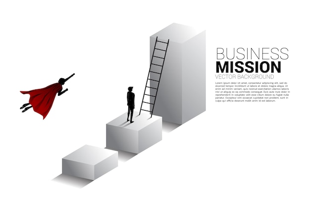 Silhouette of businessman flying to higher column of graph. Concept of boost and growth in business.