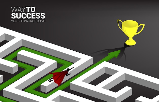 Silhouette of businessman flying over the maze to golden trophy. Business concept for problem solving and finding idea.