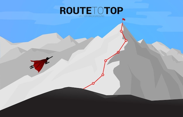 Vector silhouette of businessman flying to top of mountain. business concept for start up and fast growth company.