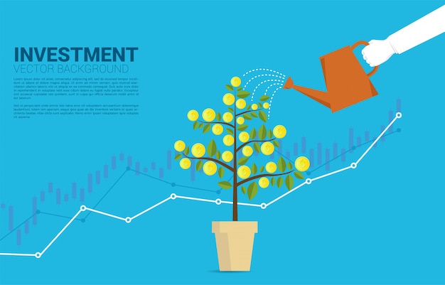 Vector silhouette businessman hand watering money tree with graph background template 