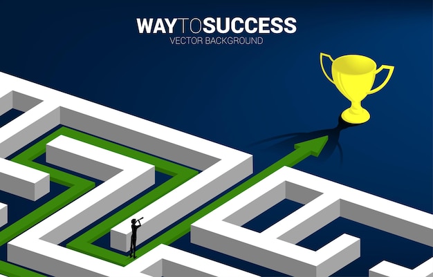 Silhouette of businessman looking through telescope on Arrow with route path to exit the maze to golden trophy. Business concept for problem solving and solution strategy