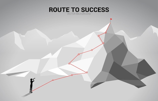 Silhouette of businessman looking through telescope on Route to the top of mountain. Concept of Goal, Mission, Vision, Career path, Vector concept Polygon dot connect line style