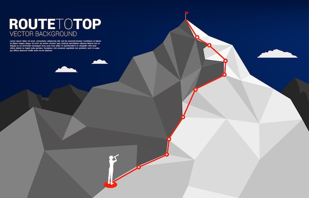 Silhouette of businessman looking through telescope on Route to the top of mountain. Concept of Goal, Mission, Vision, Career path, Vector concept Polygon dot connect line style