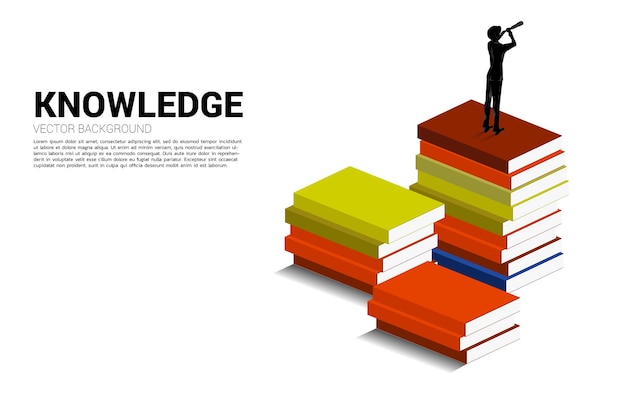 Silhouette of businessman looking through telescope standing on top of book stack. Concept background for power of knowledge.