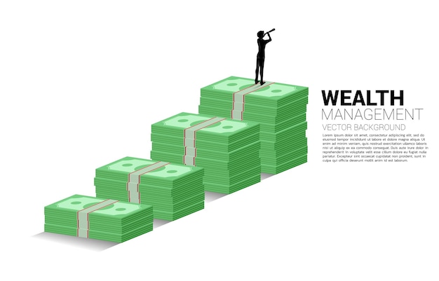 Silhouette of businessman looking through telescope standing on top of growth graph with stack of banknote. Concept of success investment and growth in business