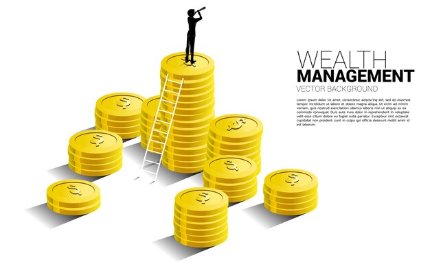 Silhouette of businessman looking through telescope standing on top of stack of coin with ladder. Concept of success investment and growth in business.