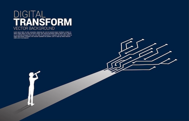 Silhouette of businessman looking through telescope on the way with dot connect line circuit. concept of digital transformation of business.