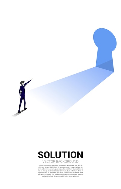 Silhouette of businessman point finger to key hole door Find the solution concept vision mission and goal of business