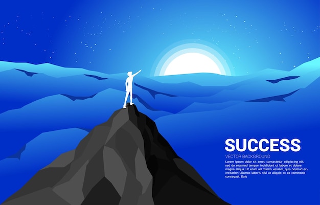 Silhouette of businessman point forward from mountain cliff to the moon at night Concept of business vision mission and goal