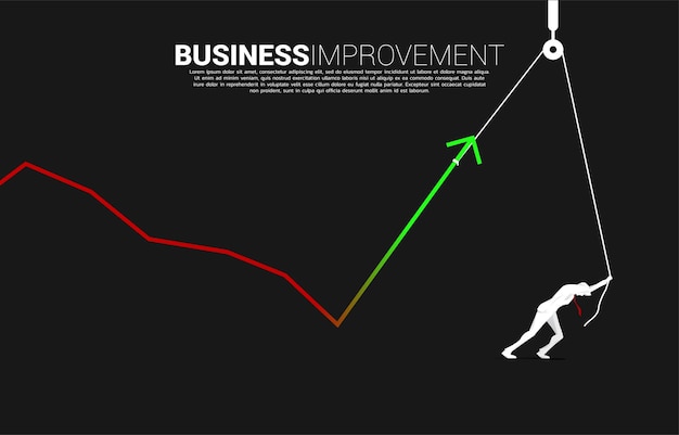 Silhouette of businessman pull up the business graph with rope and reel. concept of business improvement.