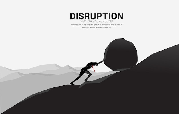 Vector silhouette of businessman pushing the big rock to the top of mountain. concept of business challenge and hard work.