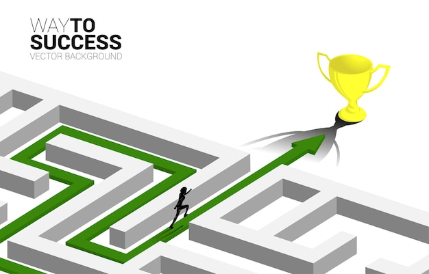 Silhouette of Businessman run on Arrow with route path to exit the maze to golden trophy. Business concept for problem solving and solution strategy