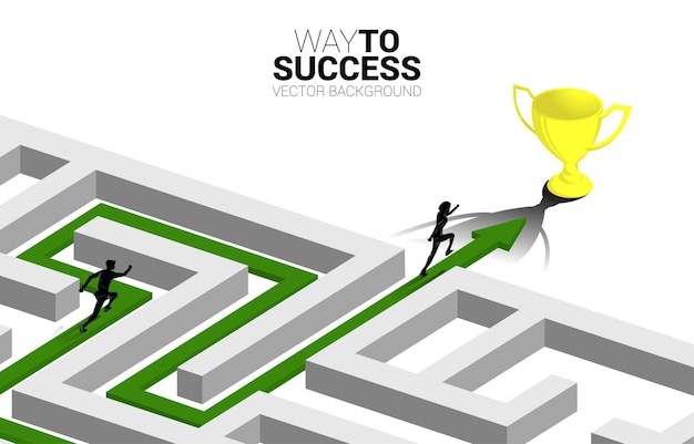 Silhouette of Businessman run on Arrow with route path to exit the maze to golden trophy.