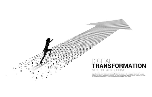 Silhouette of businessman running on the arrow from pixel. concept of digital transformation of business.