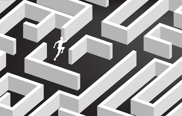 Silhouette of businessman running at center of maze. Business concept for problem solving and solution strategy