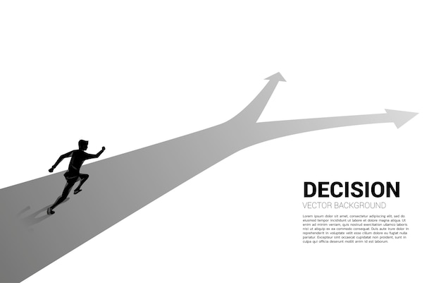 Silhouette of businessman running at crossroad. Concept of time to make decision in business direction